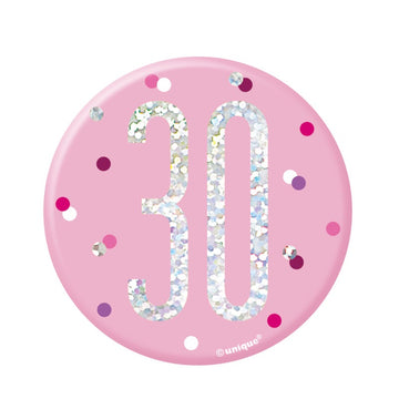 Glitz Pink & Silver Birthday Badge 30