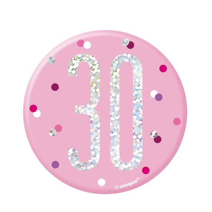 Glitz Pink & Silver Birthday Badge 30