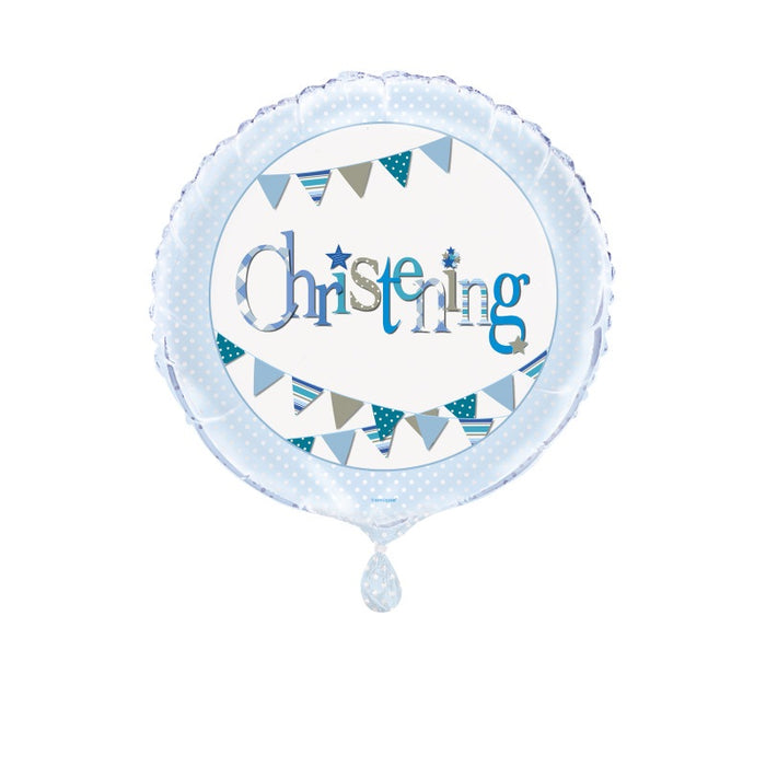 Blue Bunting Christening Round Foil Balloon 18" Packaged (Optional Helium Inflation)