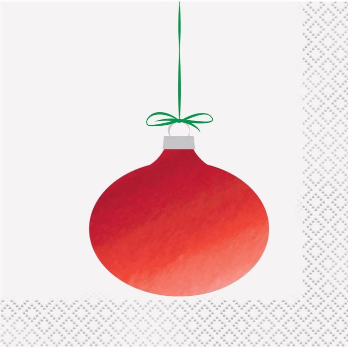 Red Ornament Christmas Beverage Napkins 16 Pack - Foil Stamping