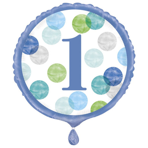 Blue Dots 1st Birthday Round Foil Balloon 18" Packaged (Optional Helium Inflation)