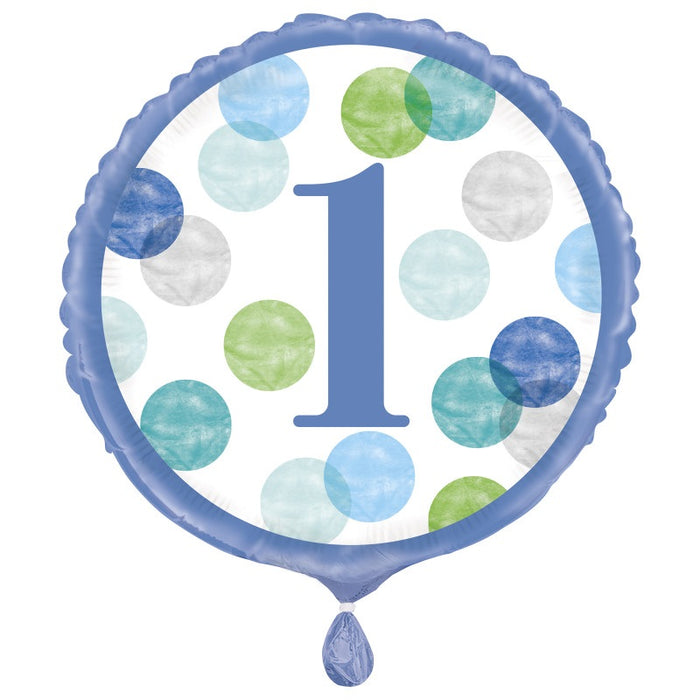 Blue Dots 1st Birthday Round Foil Balloon 18" Packaged (Optional Helium Inflation)