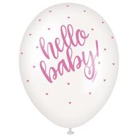 Pink "Hello Baby" 12" Latex Balloons 5 Pack (Optional Helium Inflation)