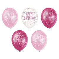 Happy Birthday 12" Latex Balloons 5 Pack - Pink (Optional Helium Inflation)