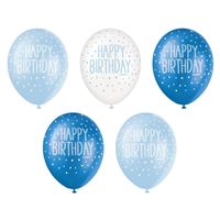 Happy Birthday 12" Latex Balloons 5 Pack - Blue (Optional Helium Inflation)