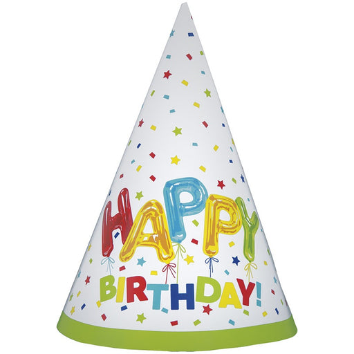 Happy Balloon Birthday Party Hats 8 Pack