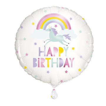Rainbow & Unicorn Happy Birthday Round Foil Balloon 18" Package (Optional Helium Inflation)