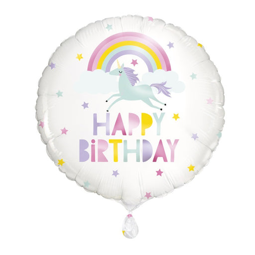 Rainbow & Unicorn Happy Birthday Round Foil Balloon 18" Package (Optional Helium Inflation)