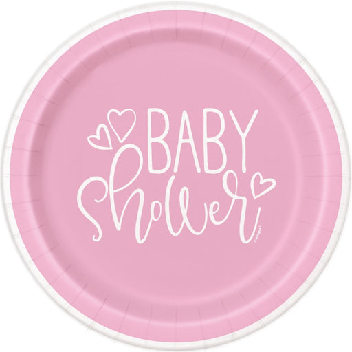 Pink Hearts Baby Shower Round 9" Dinner Plates 8 Pack
