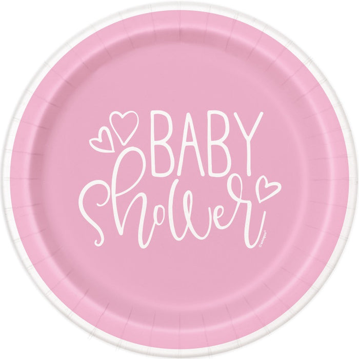 Pink Hearts Baby Shower Round 9" Dinner Plates 8 Pack