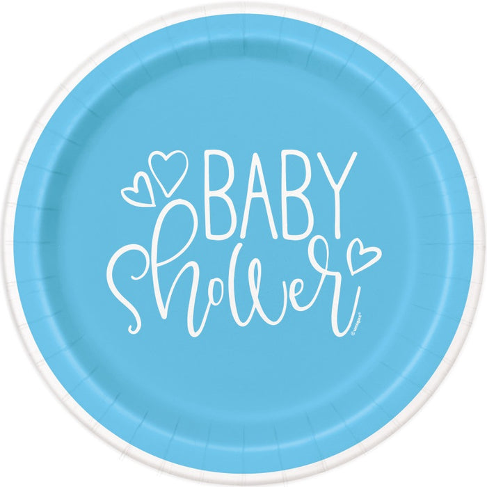 Blue Hearts Baby Shower Round 9" Dinner Plates 8 Pack