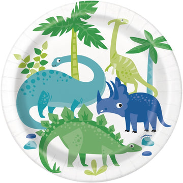 Blue & Green Dinosaur Round 7" Dessert Plates 8 Pack
