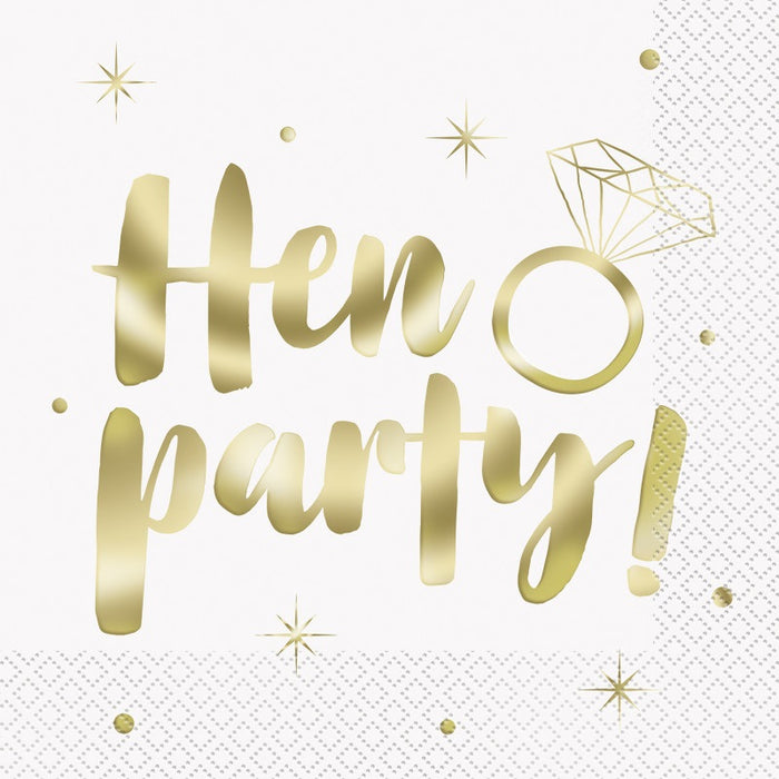 White and Gold Hen Party Luncheon Napkins 16 Pack - Foil Stamping