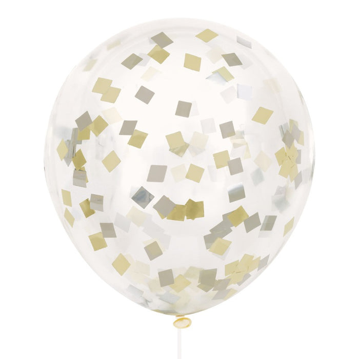 Clear Latex 12" Balloons with Gold & Silver Foil Confetti 6 Pack (Optional Helium Inflation)