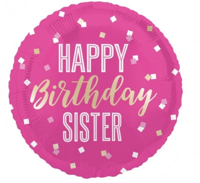 Happy Birthday Sister Pink Foil Balloon (Optional Helium Inflation)