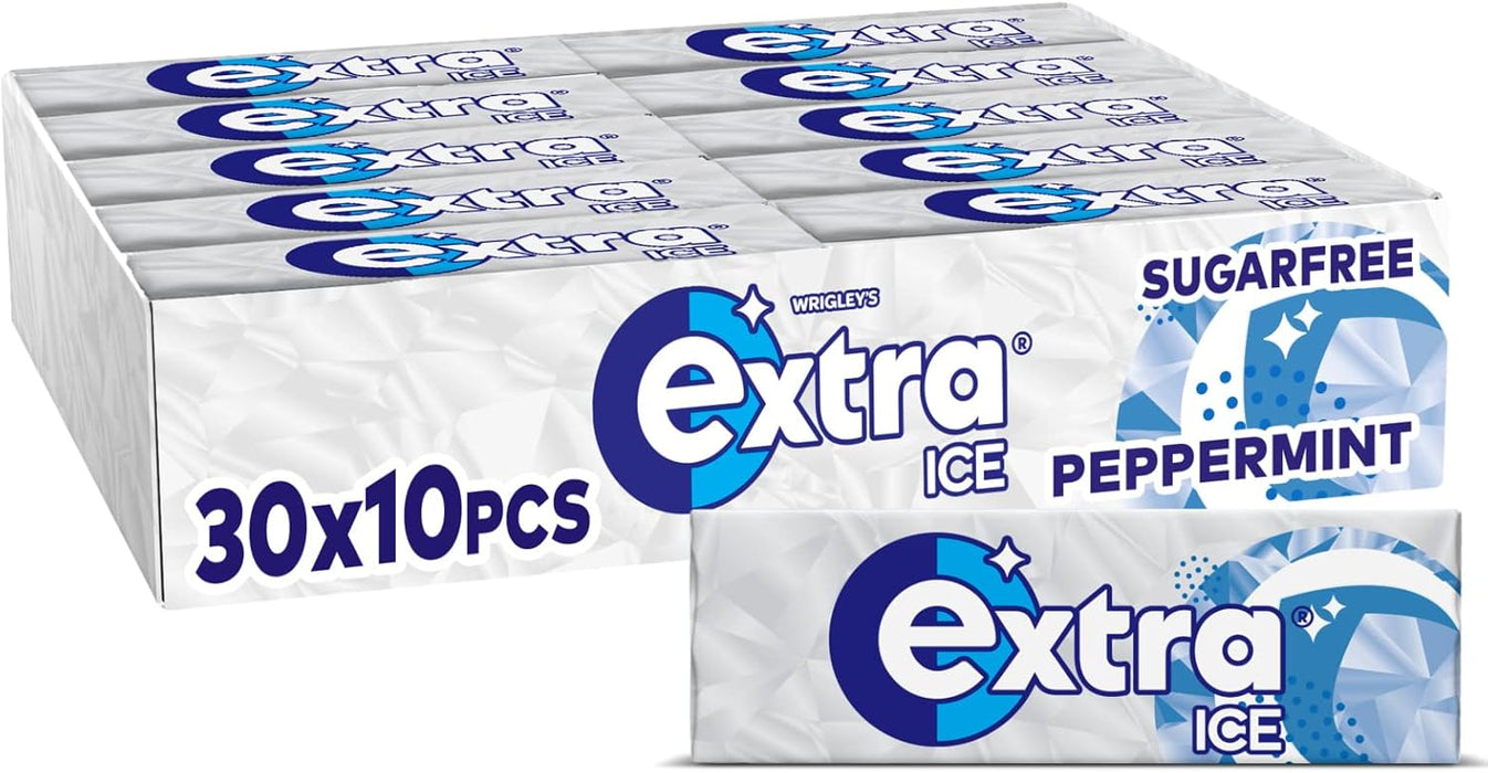 Wrigley's Extra Ice Chewing Gum, Ice Peppermint Flavour with Microgranules, 30 Packs of 10 Pieces, Sugar Free Bulk Pack Gum with Xylitol (300 pieces)