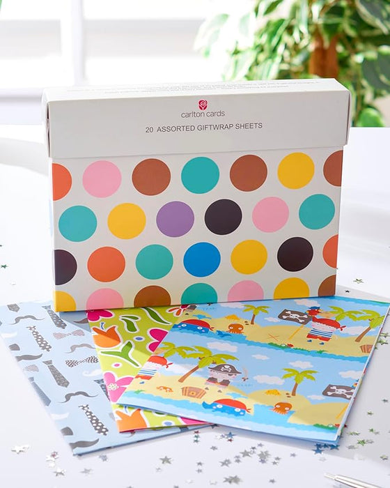 UK Greetings Multipack of 20 Assorted Gift Wrap Sheets - for Birthdays & Other Events - Includes Keepsake Box