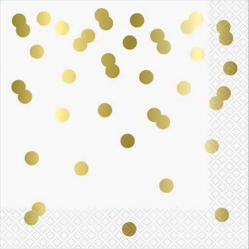 White & Gold Confetti Dots Luncheon Napkins 16 Pack - Foil Stamping