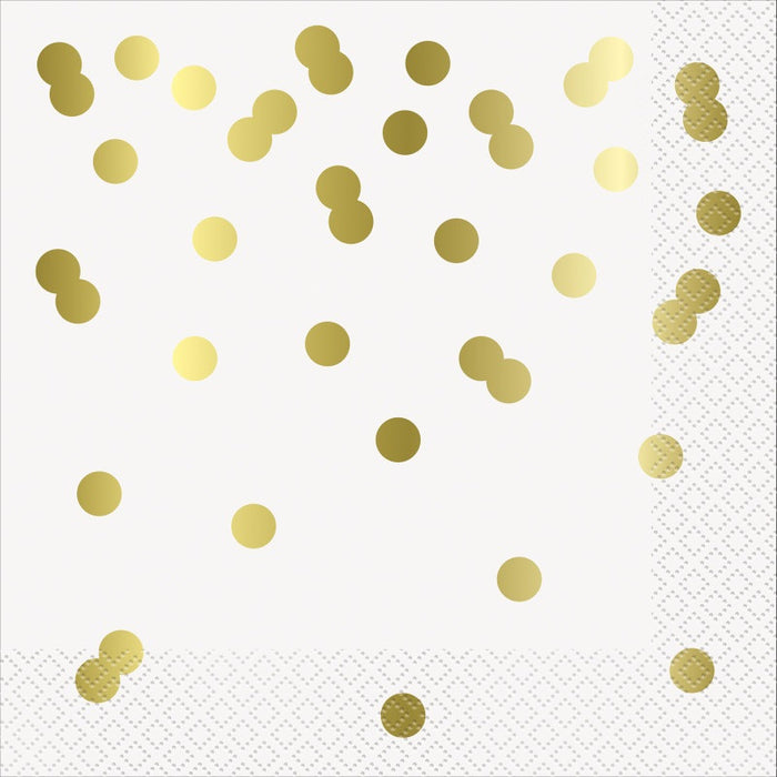 White & Gold Confetti Dots Luncheon Napkins 16 Pack - Foil Stamping