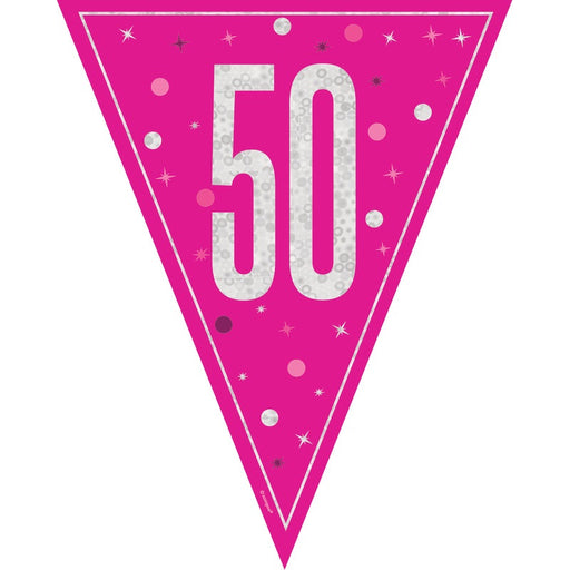 Glitz 50 Pink Flag Banner 9 ft Prismatic Plastic