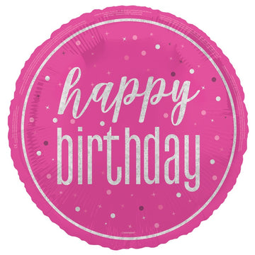 18" Glitz Pink Happy Birthday Foil Balloon Round (Optional Helium Inflation)