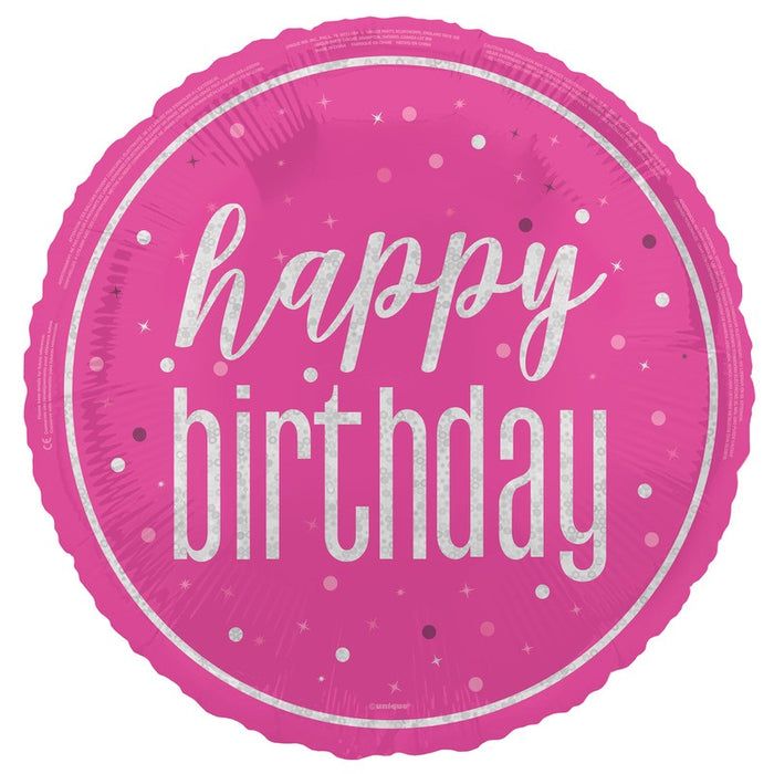 18" Glitz Pink Happy Birthday Foil Balloon Round (Optional Helium Inflation)