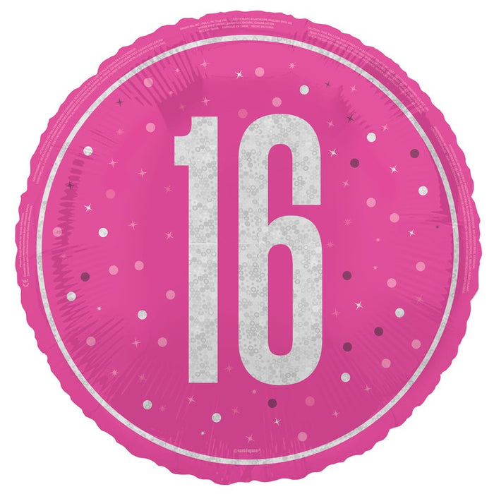 18" Glitz Pink 16 Prism Foil Balloon Round (Optional Helium Inflation)