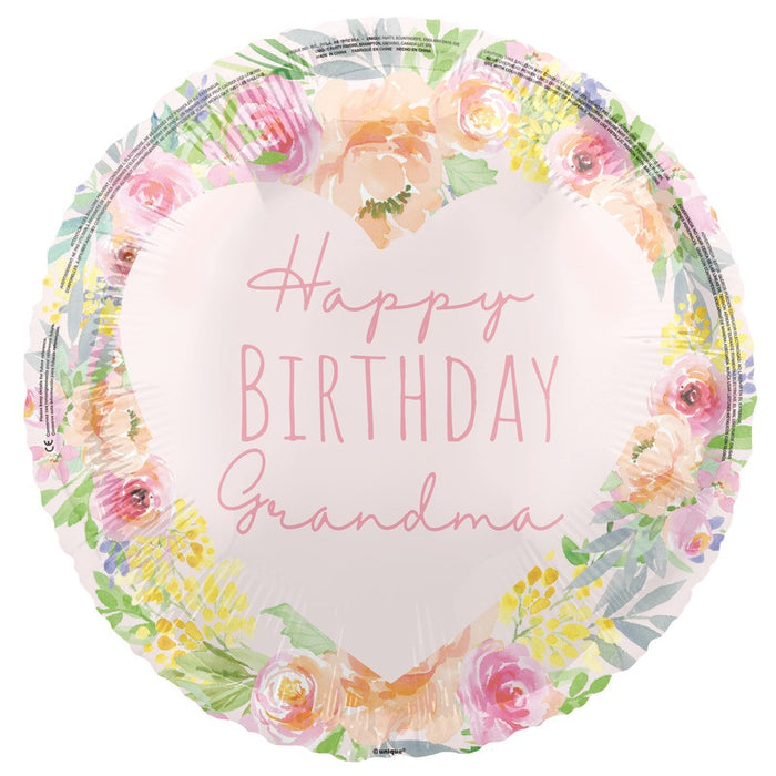 Happy Birthday Grandma Round 18" Foil Balloon Packaged (Optional Helium Inflation)
