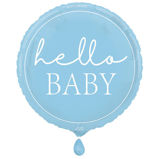Hello Baby Blue Round 18" Foil Balloon Packaged (Optional Helium Inflation)