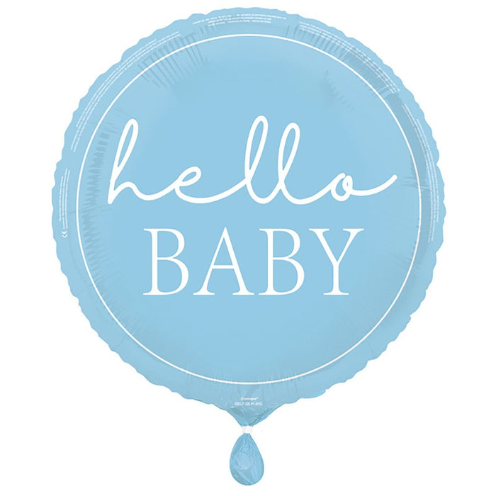 Hello Baby Blue Round 18" Foil Balloon Packaged (Optional Helium Inflation)