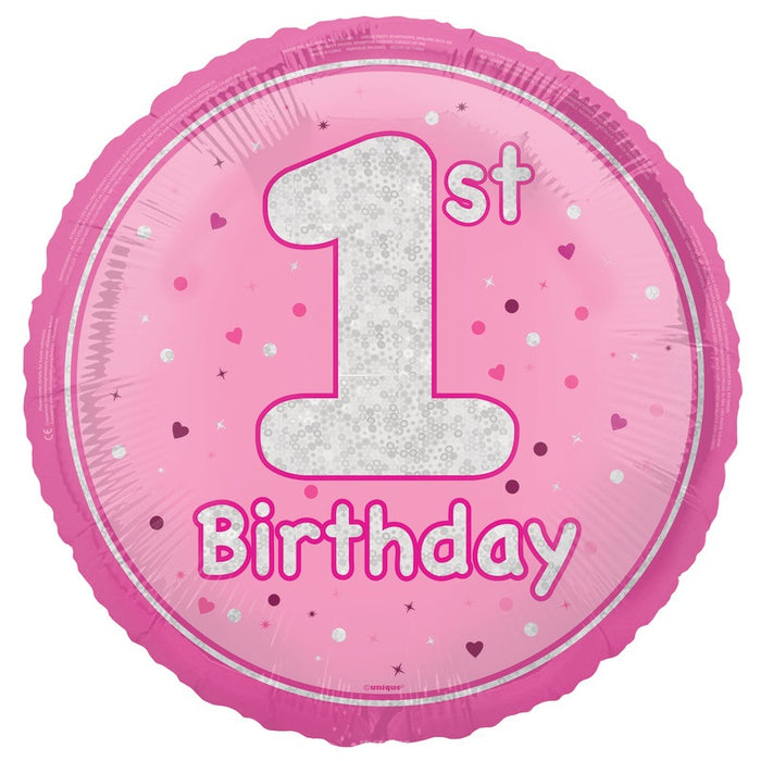 18" Glitz Pink Age 1 Prism Foil Balloon Round (Optional Helium Inflation)