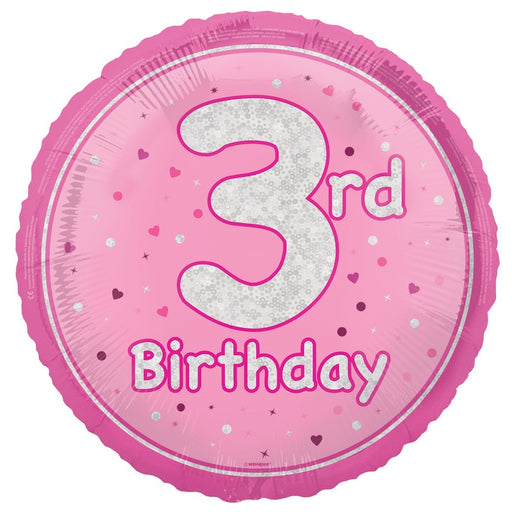 18" Glitz Pink Age 3 Prism Foil Balloon Round (Optional Helium Inflation)