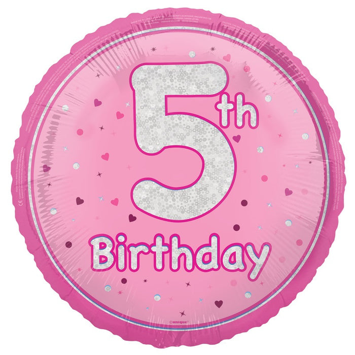18" Glitz Pink Age 5 Prism Foil Balloon Round (Optional Helium Inflation)