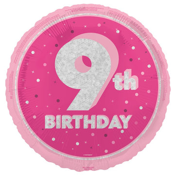 18" Glitz Pink Age 9 Prism Foil Balloon Round (Optional Helium Inflation)