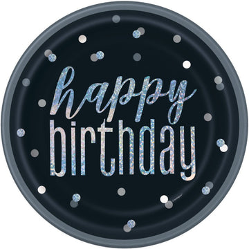 Birthday Black Glitz Round 9" Dinner Plates 8 Pack - Foil Stamping