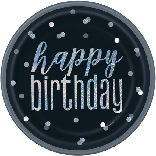 Birthday Black Glitz Round 9" Dinner Plates 8 Pack - Foil Stamping