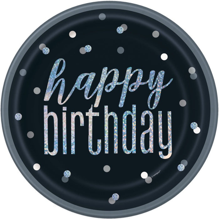 Birthday Black Glitz Round 9" Dinner Plates 8 Pack - Foil Stamping