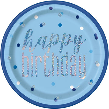 Birthday Blue Glitz Round 9" Dinner Plates 8 Pack - Foil Stamping