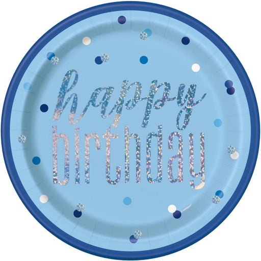 Birthday Blue Glitz Round 9" Dinner Plates 8 Pack - Foil Stamping