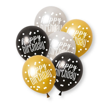 6 Pack Glitz Black Happy Birthday Assorted Platinum & Pearl Premium 12" Latex Balloons (Optional Helium Inflation)