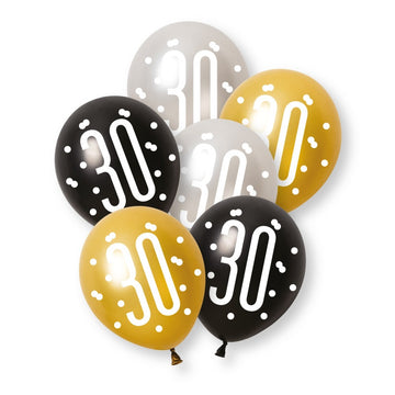 6 Pack Glitz Black Number 30 Assorted Platinum & Pearl Premium 12" Latex Balloons (Optional Helium Inflation)