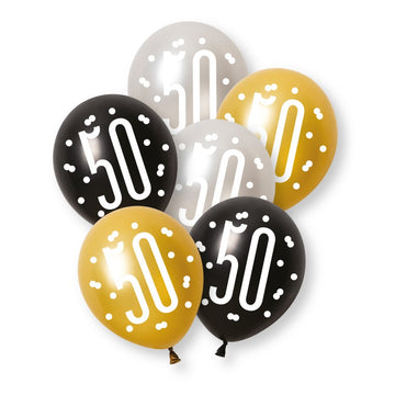 6 Pack Glitz Black Number 50 Assorted Platinum & Pearl Premium 12" Latex Balloons (Optional Helium Inflation)