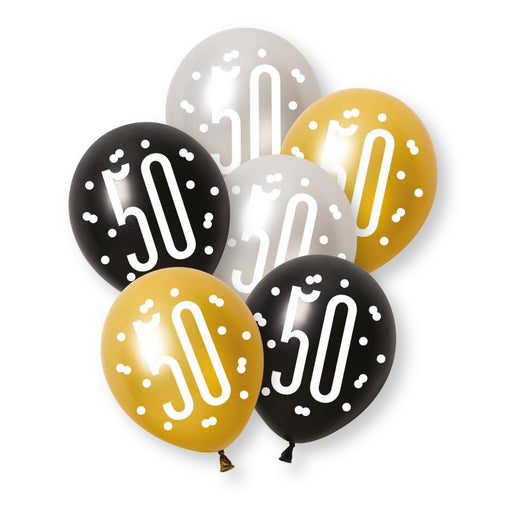 6 Pack Glitz Black Number 50 Assorted Platinum & Pearl Premium 12" Latex Balloons (Optional Helium Inflation)