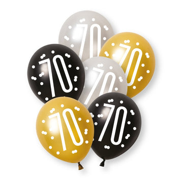 6 Pack Glitz Black Number 70 Assorted Platinum & Pearl Premium 12" Latex Balloons (Optional Helium Inflation)