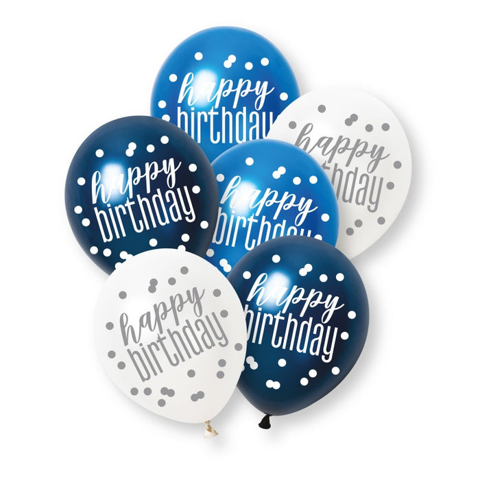 6 Pack Glitz Blue Happy Birthday Pearl Premium 12" Latex Balloons (Optional Helium Inflation)
