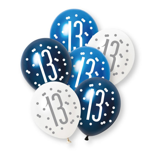 6 Pack Glitz Blue Number 13 Pearl Premium 12" Latex Balloons (Optional Helium Inflation)