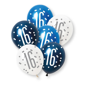 6 Pack Glitz Blue Number 16 Pearl Premium 12" Latex Balloons (Optional Helium Inflation)