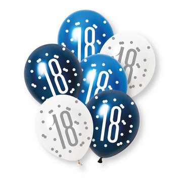 6 Pack Glitz Blue Number 18 Pearl Premium 12" Latex Balloons (Optional Helium Inflation)