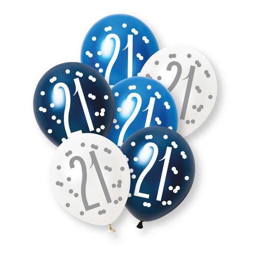 6 Pack Glitz Blue Number 21 Pearl Premium 12" Latex Balloons (Optional Helium Inflation)