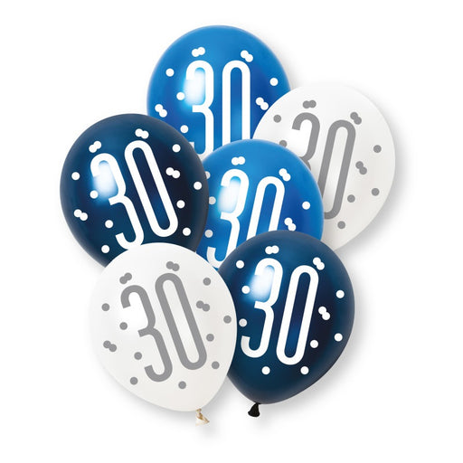 6 Pack Glitz Blue Number 30 Pearl Premium 12" Latex Balloons (Optional Helium Inflation)